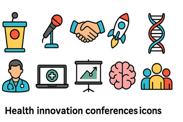 Health innovation conferences flat icon set. Medical, technology, research icons collection