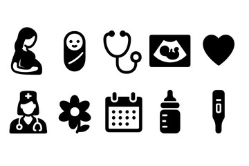 Pregnancy and newborn solid icon set. Baby, mother, health symbols collection