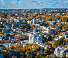 Obraz premium Soboras - St. Michael the Archangel Church Sobor. Aerial drone view photo of Kaunas city center and Laisves aleja, Liberty avenue in Kaunas. Autumn