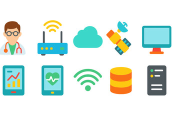 Medical technology flat icon set with network, data, and healthy lifestyle symbols