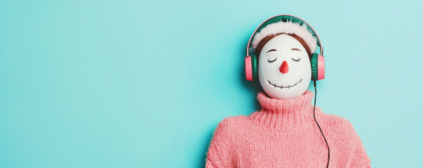 Christmas snowman face with headphones and pink sweater relaxing against blue background, joyful holiday music mood