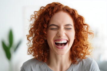 A young redhead woman with bright curls smiles broadly, laughing happily in a well-lit indoor environment filled with greenery. Generative AI.