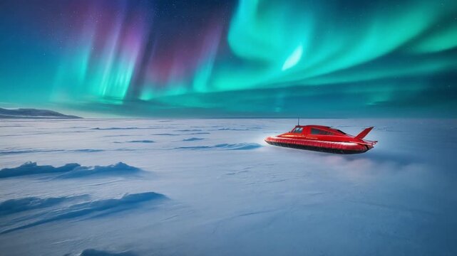 An emergency rescue hovercraft traverses a vast snowy landscape under the shimmering aurora borealis