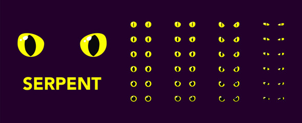 Set of yellow serpent glowing eyes dark background fantasy magic cartoon animal reptile feline mammal monster demon dragon shiny pupil vector illustration