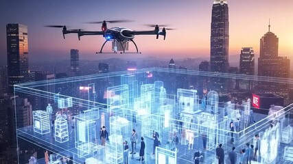 Drone Flying Over Futuristic Cityscape with Digital Overlay at Sunset. - Powered by Adobe