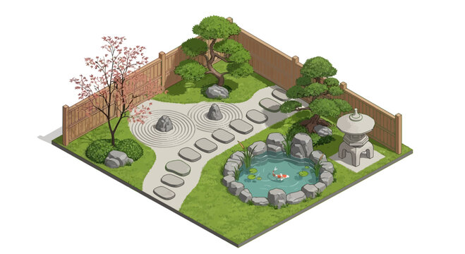 Isometric zen garden illustration showcasing peace tranquility and serenity