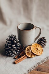 A still life composition of dried oranges, cinnamon, pine cones and a mug on a wooden table.