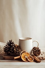 A still life composition of dried oranges, cinnamon, pine cones and a mug on a wooden table.