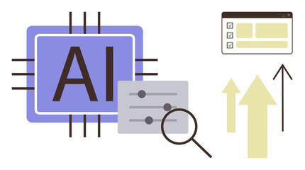 Microchip with AI, magnifying glass over settings, checklist, and upward arrows. Ideal for technology, data, innovation, business growth machine learning workflow and automation. Simple flat