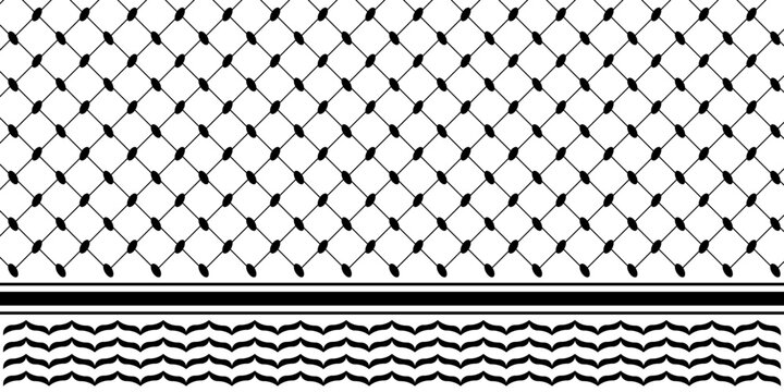 Classical keffiyeh black and white pattern. Traditional oriental head scarf or neckerchief print. Simple gometric absract textile texture. Middle eastern fabric design. Vector graphic illustration.