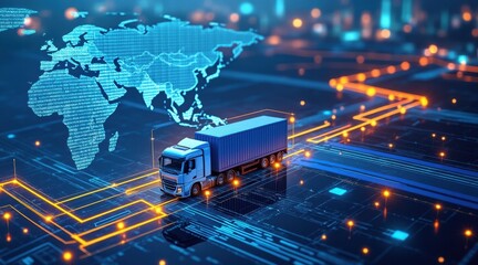 A digital representation of a truck navigating a networked world map, symbolizing logistics and global transportation technology.
