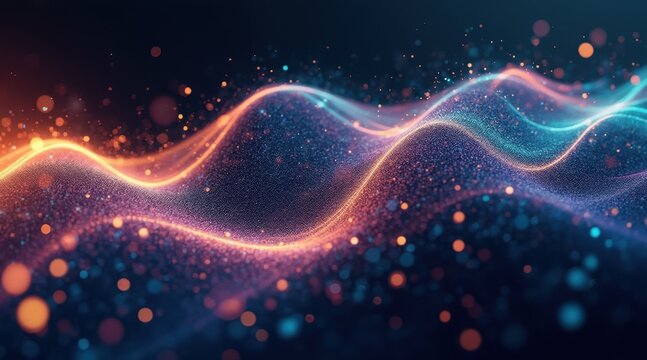 A vibrant abstract depiction of flowing waves with glowing particles, creating a dynamic and colorful visual effect against a dark background.