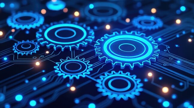 A vibrant digital illustration of interconnected gears and circuits, symbolizing technology and innovation in a blue, high-tech design. - Powered by Adobe