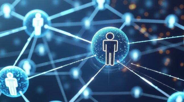 A digital network illustrating interconnected people represented by glowing spheres, symbolizing social connections and communication.