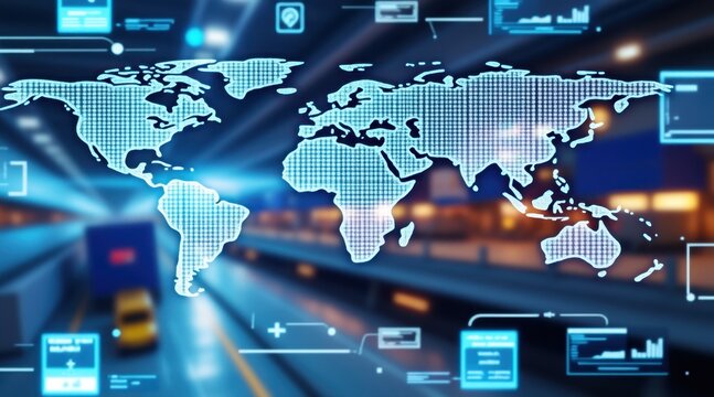 A digital world map overlaying a blurred urban landscape, symbolizing technology, connectivity, and global networks.
