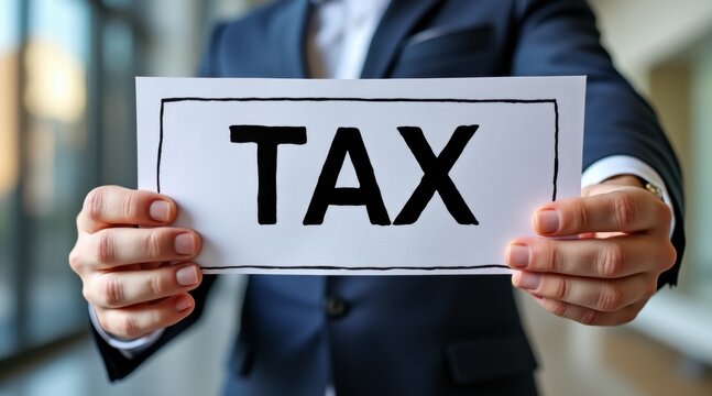 A professional individual holds a sign reading "TAX," suggesting a discussion or service related to taxation in a corporate setting.