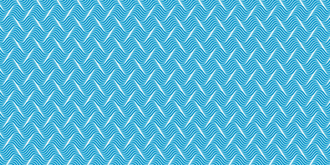 Blue and white curvy lines. Deep water print. Waves background. Ocean, sea, lake or river pattern. Aqua texture with ripples. Swimming pool or aquarium liquid wallpaper. Vector flat illustration.