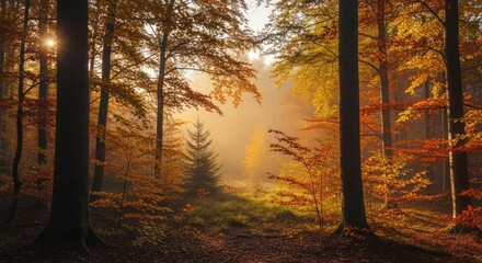 Autumnal forest scene sunlight filtering through trees nature landscape