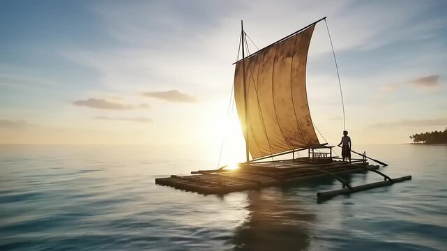 Traditional Outrigger Canoe Sailing at Sunset on Calm Ocean Waters.