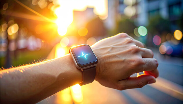 Smartwatch on wrist in Sunlight: A person's hand with smartwatch displaying a digital compass, bathed in the warmth of sunlight, capturing the blend of technology and nature