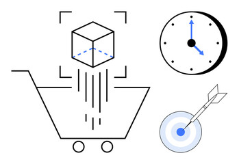 Digital cube in shopping cart, clock showing time focus, bullseye with arrow Ideal for e-commerce, product innovation, time management, performance targeting, precision planning, logistics, efficient