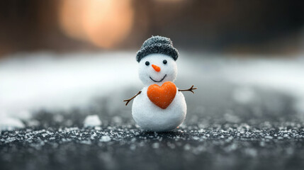 Obraz premium Snowman with heart stands on snowy ground in winter, wearing hat and smiling, creating joyful christmas atmosphere outdoors