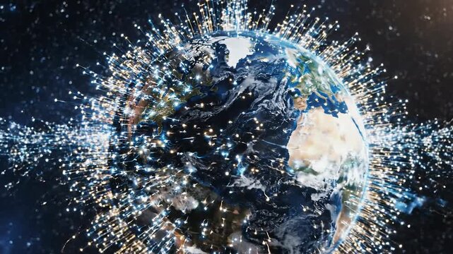 Spectacular visuals of planet earth with network of energetic light rays around
