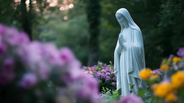 Virgin Mary statue in beautiful blooming garden for prayer and religious concept. Serene setting for devotion.