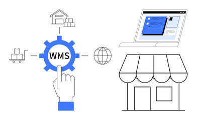 Hand pointing to WMS gear, storefront, warehouse icons, laptop screen, globe. Ideal for logistics, inventory, supply chain retail e-commerce automation operations. Simple flat metaphor