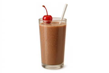 Chocolate milkshake with a maraschino cherry and straw, cold beverage for refreshing, sweet treat and dessert