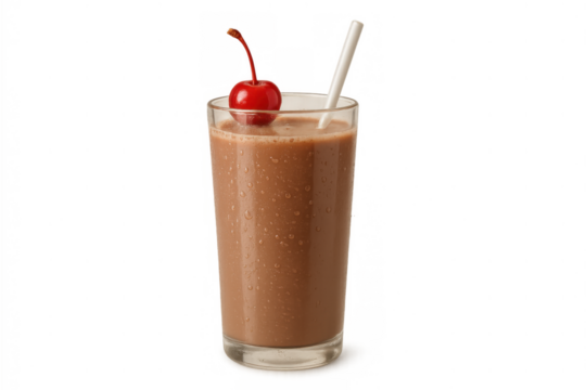 Chocolate milkshake with a maraschino cherry and straw, cold beverage for refreshing, sweet treat and dessert