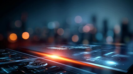 High tech digital panel with neon highlights and holographic effects represents cutting edge technology in a smart city environment. Perfect for themes of innovation, data, and digital transformation - Powered by Adobe