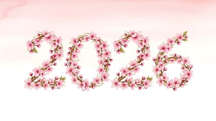 Sakura Harmony 2026- "2026” numbers formed from blooming pink cherry blossoms and gentle golden branches.