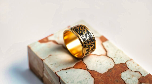 Goldener Ring mit Gravur &ndash; Produktfoto auf Steinpodest, Engraved Gold Band &ndash; Luxury Jewelry Close-up, Minimalistisches Schmuckfoto &ndash; Geometric Pattern Ring
