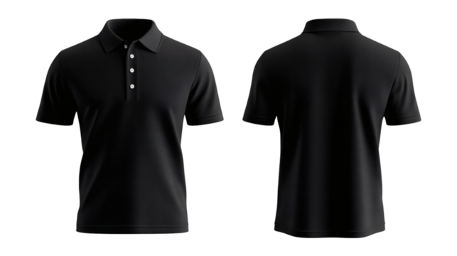 Plain Black Polo Shirt Mockup Front and Back Views 3D Rendering on transparent background