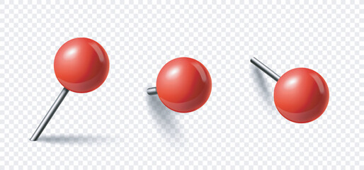 Three glossy red push pins are shown in various angles on a transparent background, designed in a realistic graphic style. Concept of office tools. Vector illustration © Rudzhan