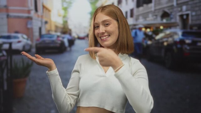 Smiling young woman in urban street pointing at empty hand, showcasing lively city atmosphere with blurred buildings and cars, highlighting charisma and style.