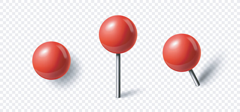 Realistic style red push pins or map tacks shown from different angles on a transparent checkered background. Concept of marking locations. Vector illustration