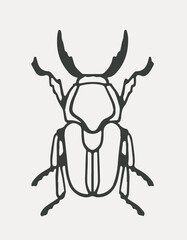 Stylized black line drawing of a stag beetle with large mandibles, minimalistic graphic style, isolated on light beige background. Concept of insect illustration. Vector illustration
