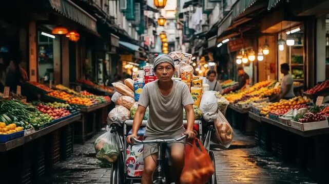 Bustling Hanoi Street Scene - A Cyclist Navigates the Market.