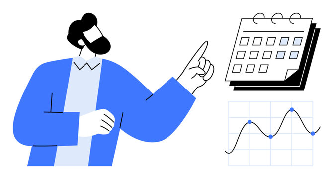 Man in blue pointing at calendar with graph depiction. Ideal for time management, data analysis, planning, scheduling, business strategy, productivity improvement, and tracking success. Simple flat