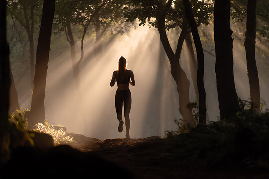 morning forest run, a young woman runs through misty forest, with soft light rays, evoking a motivational and cinematic mood - Powered by Adobe