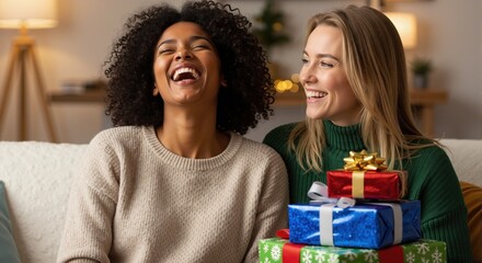 Two diverse female friends laughing while exchanging christmas gifts. Happy young women celebrating