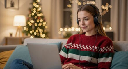 Smiling woman in a festive sweater using a laptop with headphones at home. Relaxing on a couch during the Christmas holidays