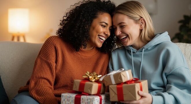Happy diverse female couple laughing together while exchanging gifts. Two women celebrating a holiday
