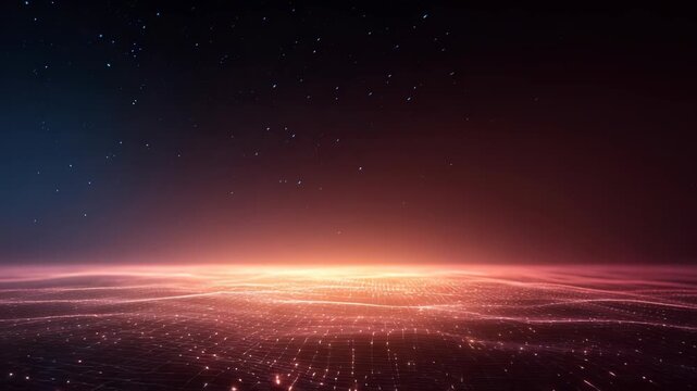 A luminous digital grid stretches across the horizon, blending warm neon lights with cosmic stars above. This sci fi scene symbolizes advanced technology, cyberspace, and limitless possibilities