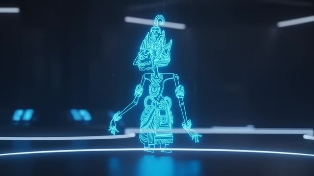 Futuristic Holographic Wayang Puppet in a Dark, High-Tech Environment.