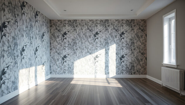Empty room with wallpaper in modern house, professional photography. White tone