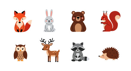 Cartoon forest animals collection fox rabbit bear squirrel owl deer