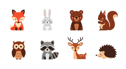 Cartoon forest animals collection fox rabbit bear squirrel owl raccoon deer hedgehog © Darwaty